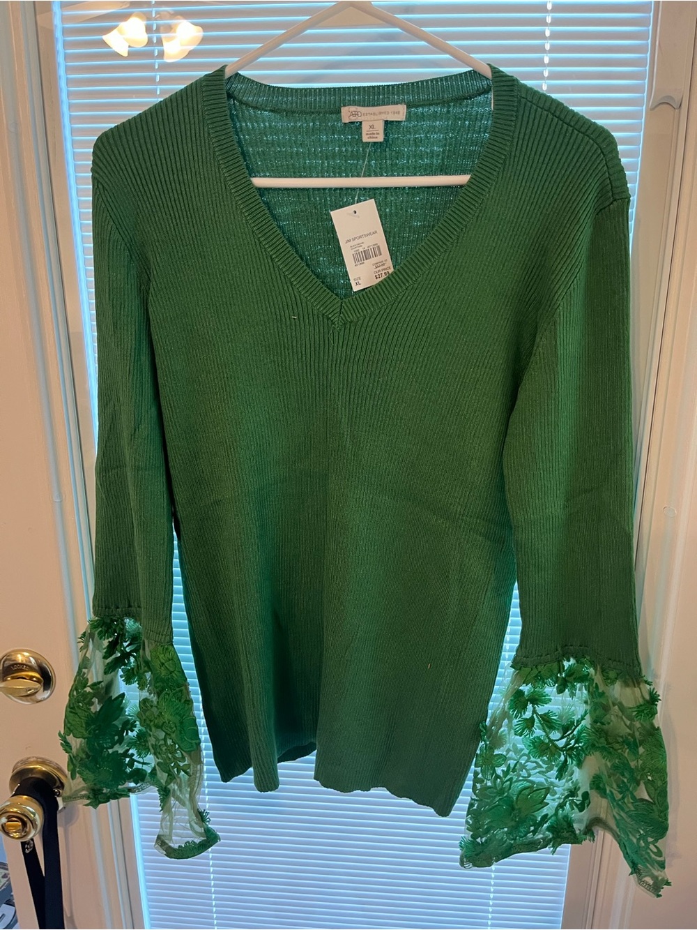 Cato Green V-Neck Sweater with Lace Bell Sleeves